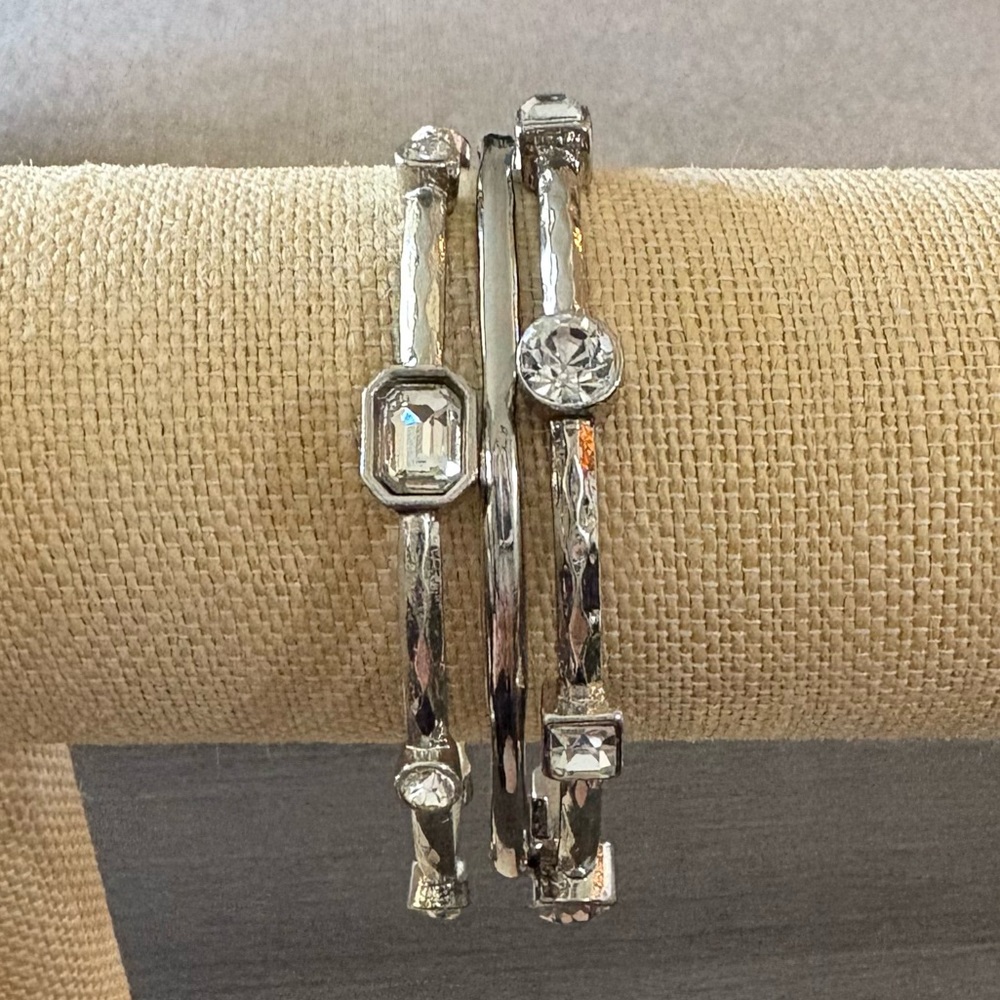 Silver Crystal Bezel Bangle Bracelet Set - Picture 3 of 6